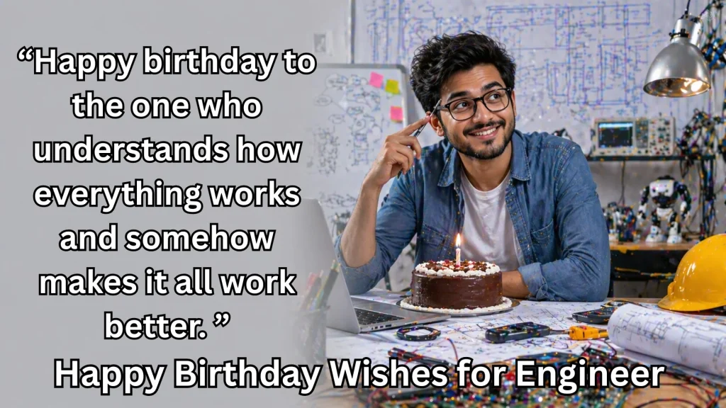 Happy birthday wishes for engineer with cake and workspace