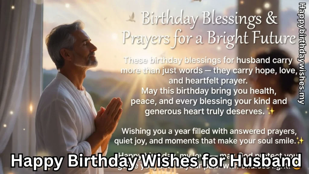 Husband praying with happy birthday wishes for husband text overlay