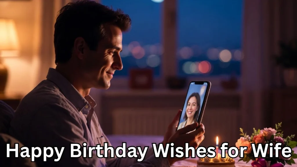 Husband video calling wife and happy birthday wishes for wife text overlay