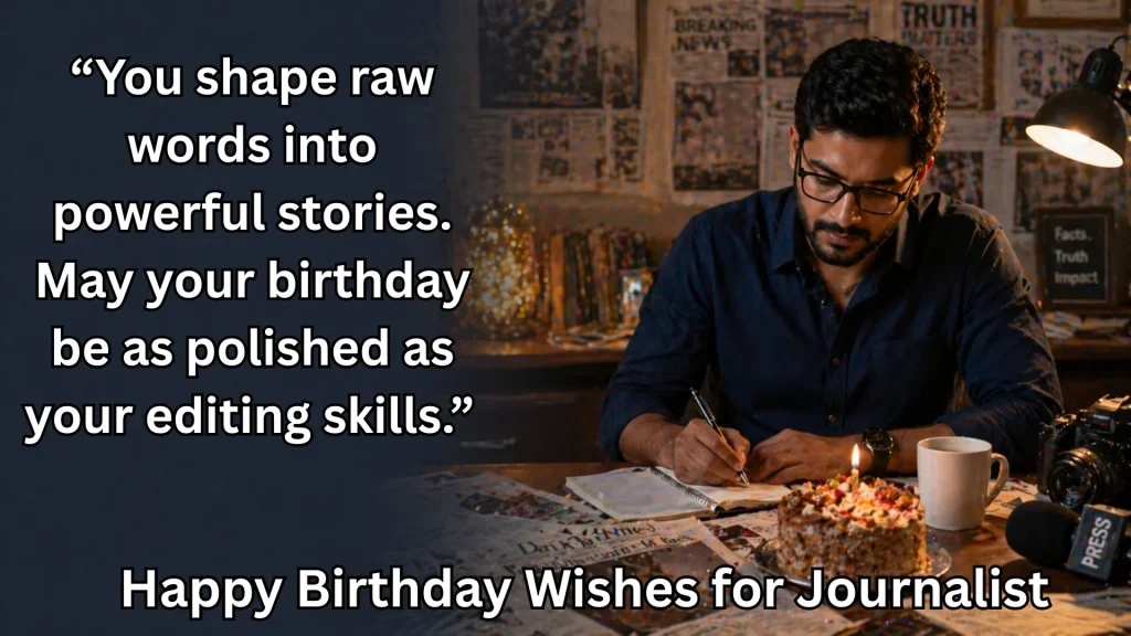 Journalist writing stories at desk with birthday cake