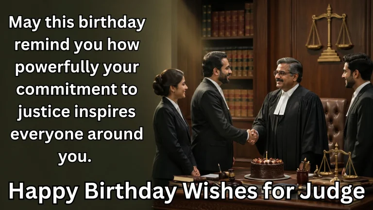 Judge shaking hands with lawyers, birthday cake on desk