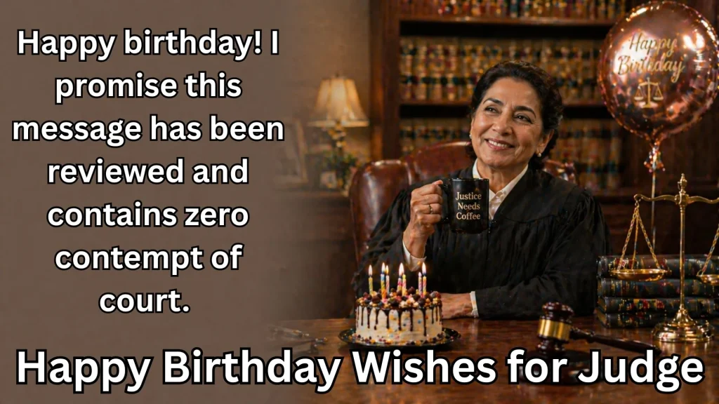 Judge with coffee mug and birthday cake in courtroom office