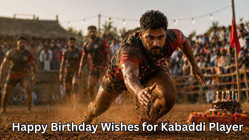 Kabaddi player diving on field with happy birthday wishes for kabaddi player text
