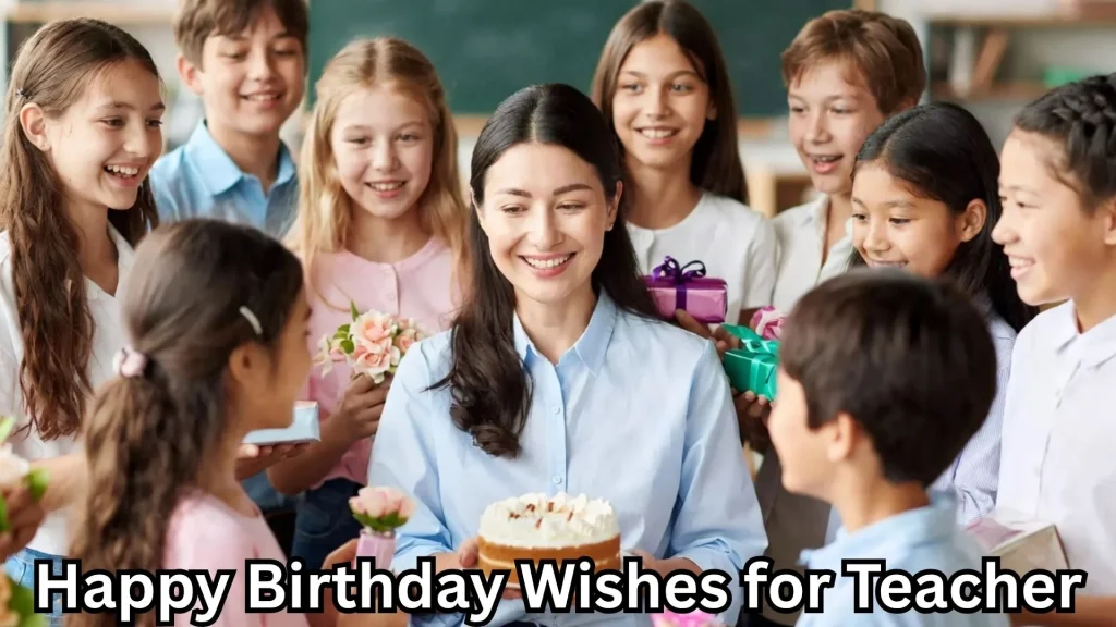 Kids celebrating teacher birthday with cake and gifts