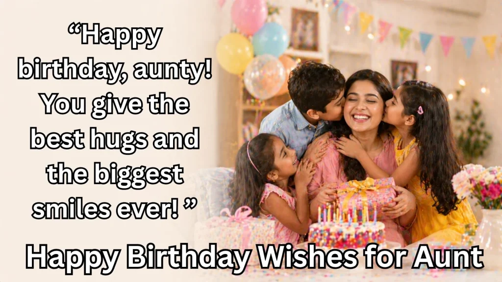 Kids hugging and kissing aunt on birthday with cake