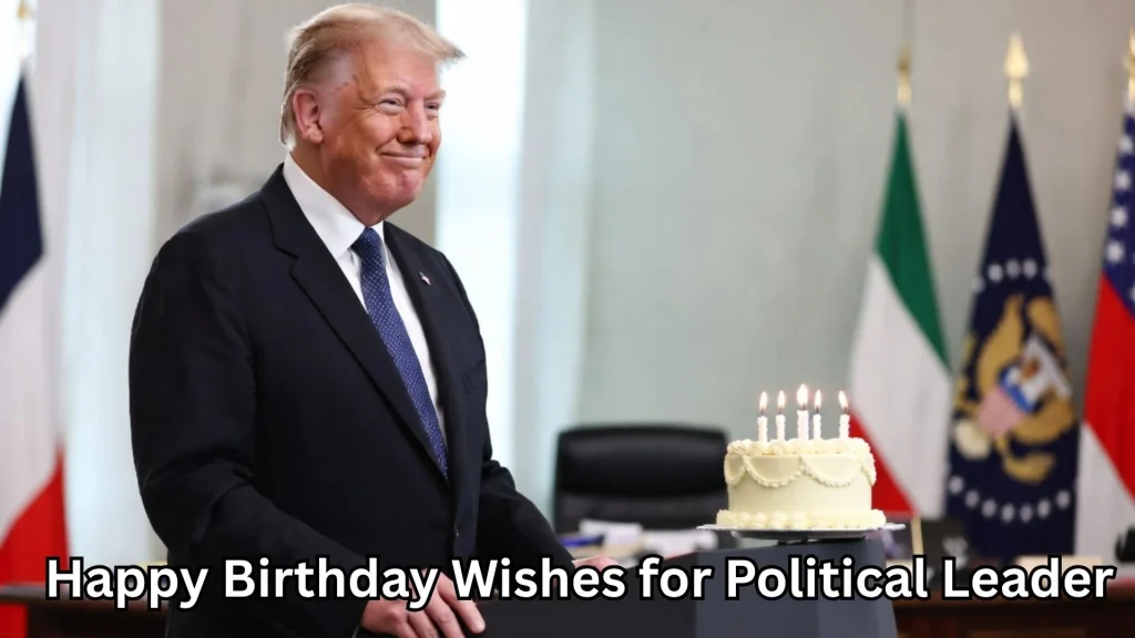 Leader with cake and happy birthday wishes for political leader text