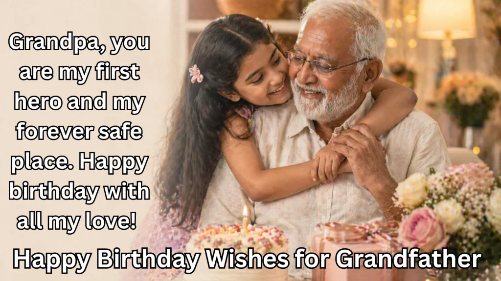 Little girl hugs grandpa with birthday cake and gifts