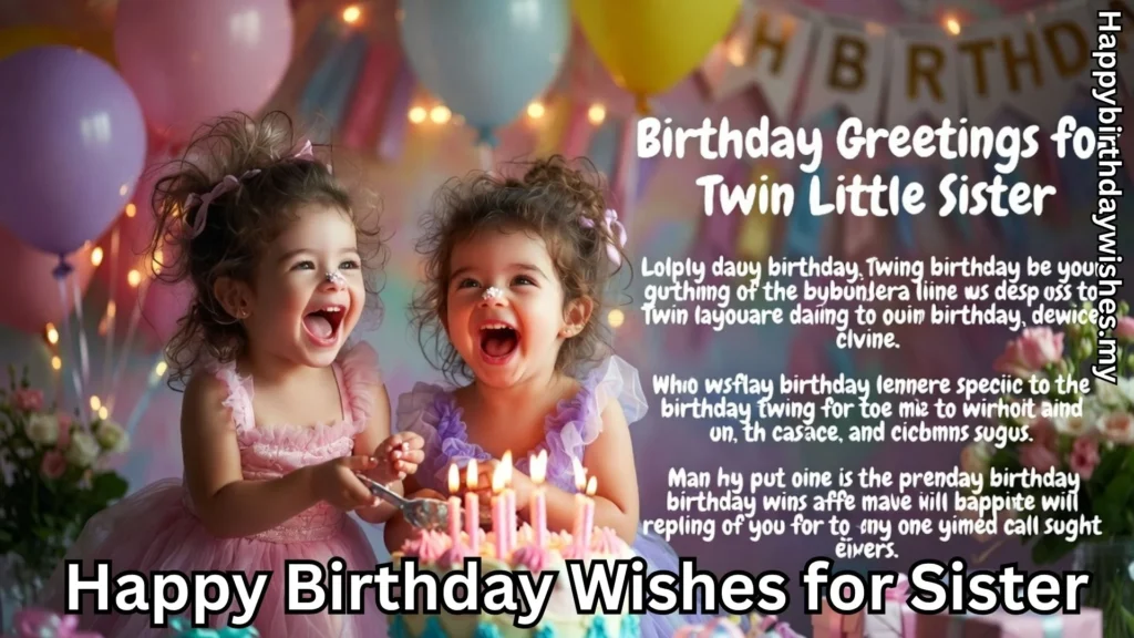 Little sisters celebrating birthday and happy birthday wishes for sister text overlay