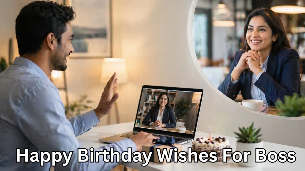 Man on video call with boss, happy birthday wishes for boss