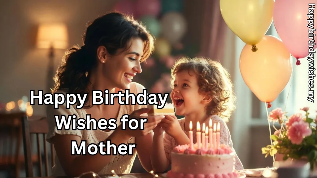 Mom feeding cake to child with happy birthday wishes for mother text