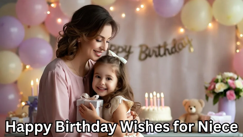 Mom hugging girl with gift and birthday wishes for niece text overlay