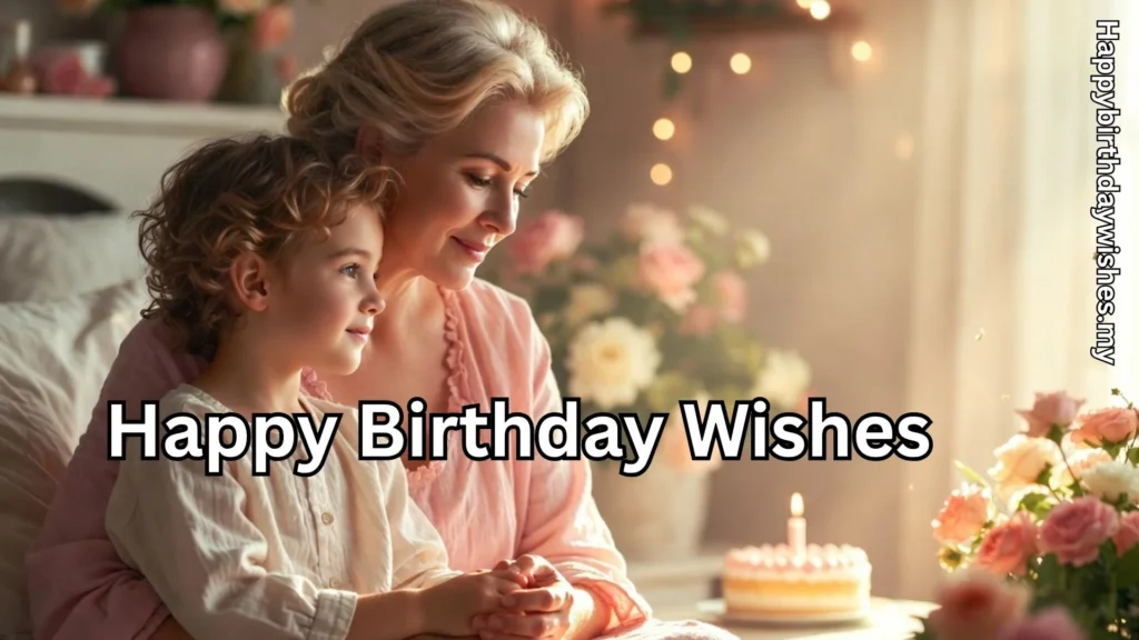Mother and child enjoying birthday and happy birthday wishes text overlay
