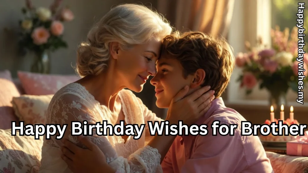 Mother and son sharing birthday moment and happy birthday wishes for brother text overlay