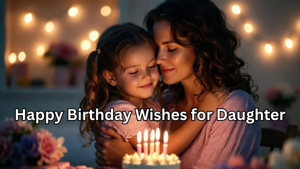 Mother hugging daughter with cake, birthday wishes
