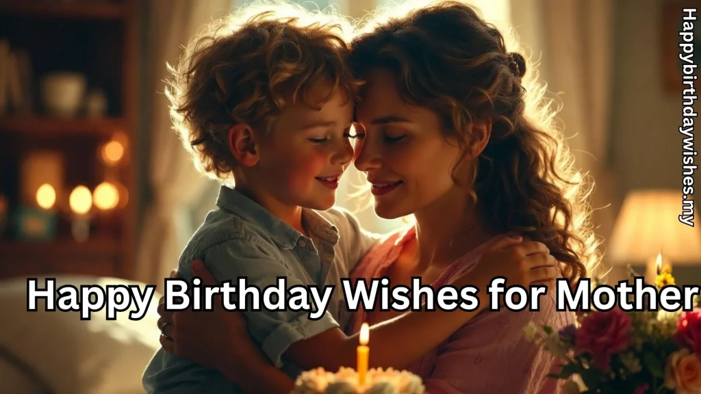Mother hugging son with happy birthday wishes for mother text