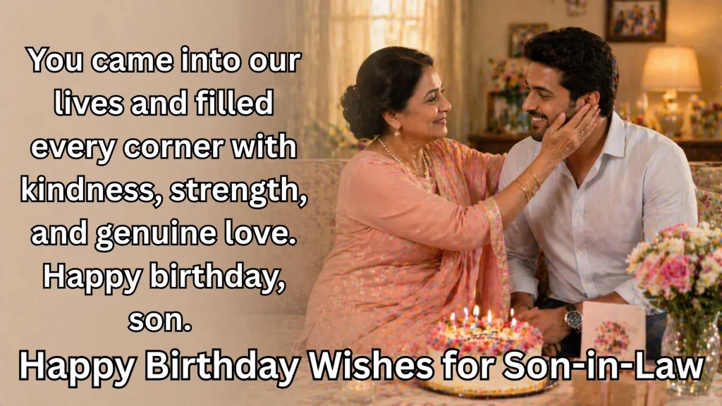 Mother-in-law blessing son-in-law beside birthday cake