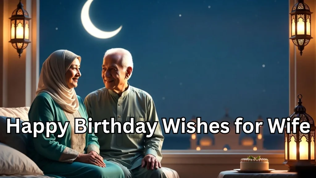 Muslim couple with moon, birthday wishes for wife