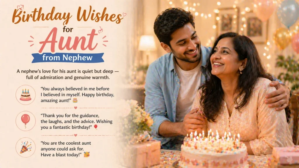 Nephew celebrating aunt birthday with happy birthday wishes for aunt text
