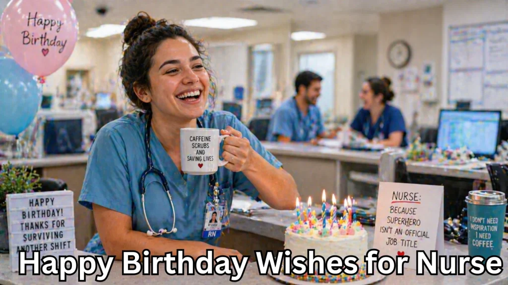 Nurse enjoying coffee and cake during birthday at work