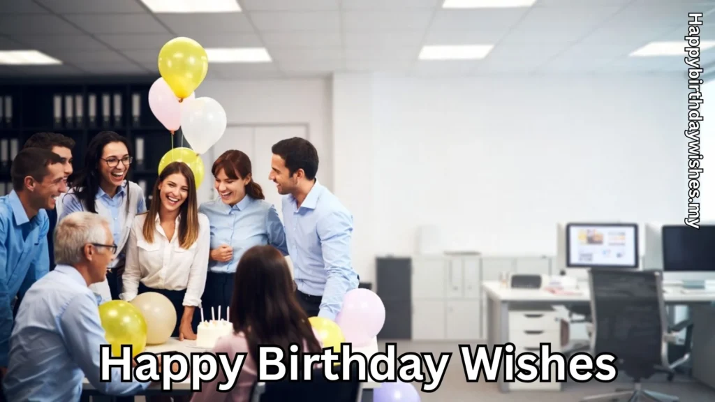 Office colleagues celebrating birthday with cake and balloons
