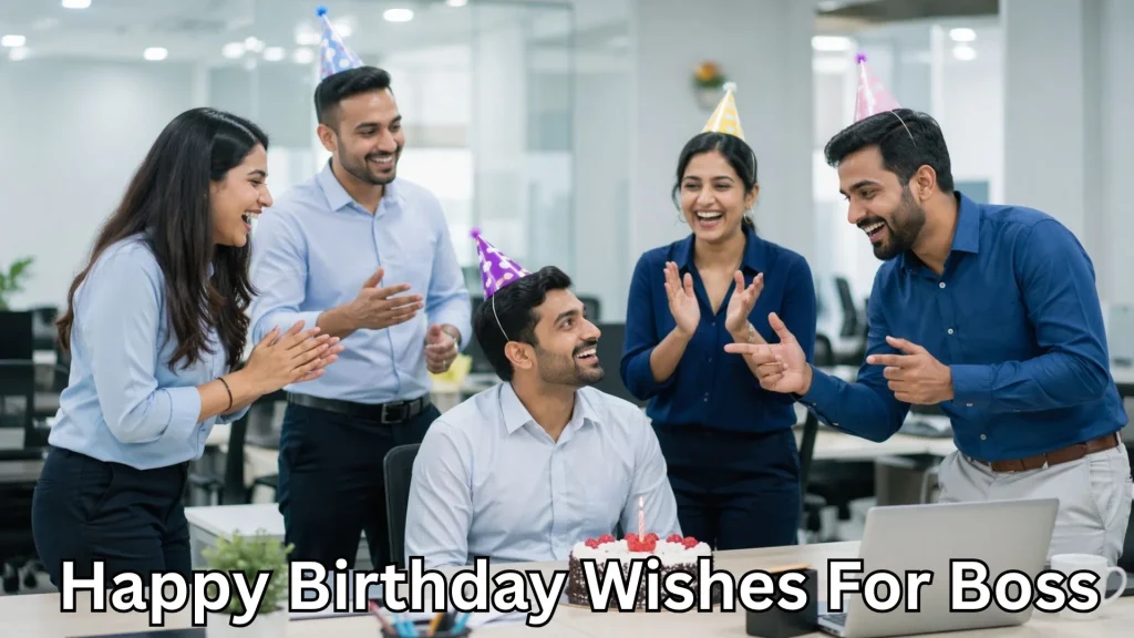 Office team celebrating coworker, and happy birthday wishes for boss text