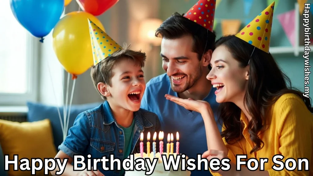 Parents celebrating son's birthday with cake and balloons