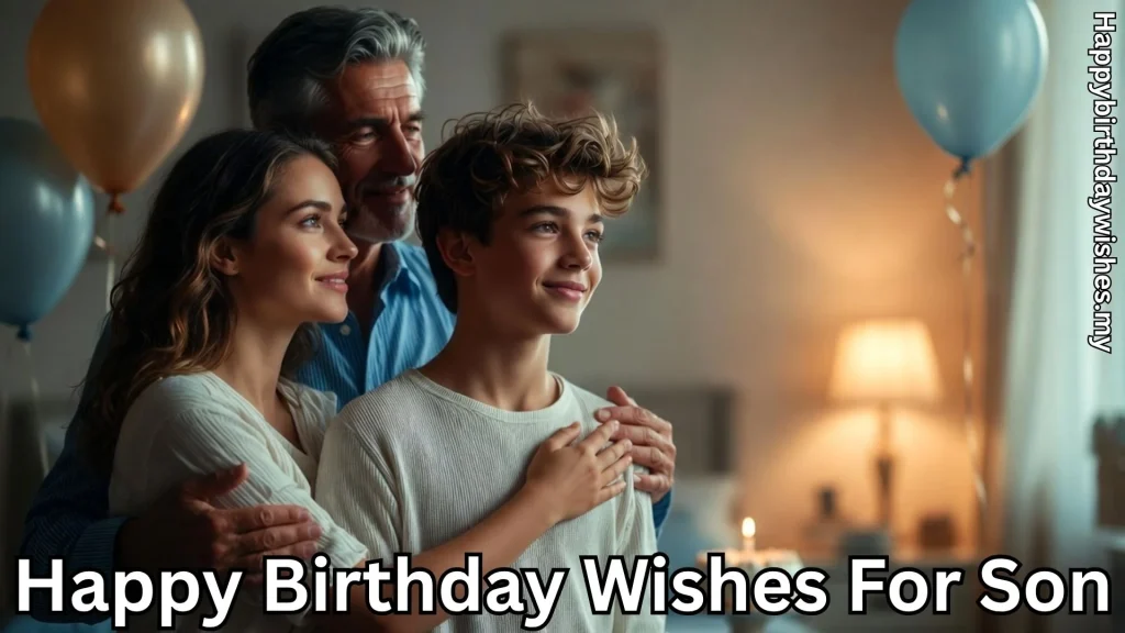 Parents hugging teenage son during birthday celebration