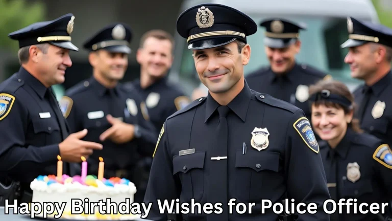 Police officers with cake, happy birthday wishes for police officer text
