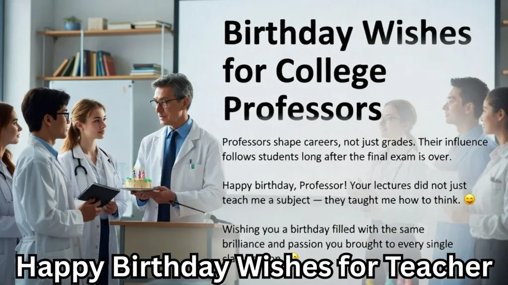 Professor with students and happy birthday wishes for teacher text