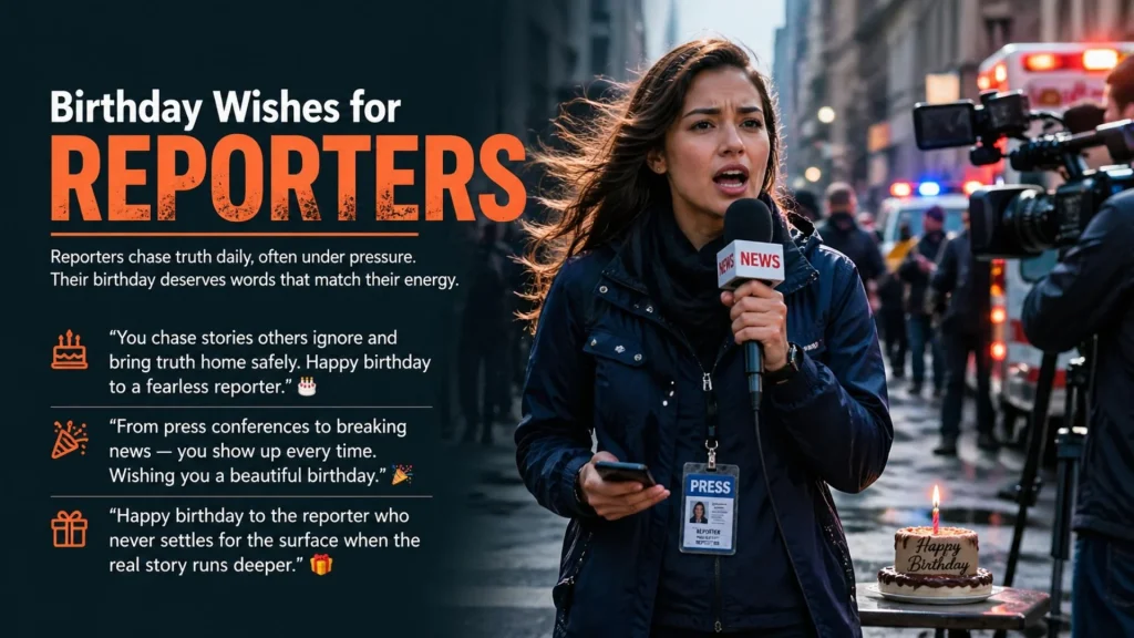 Reporter covering news scene with birthday cake nearby