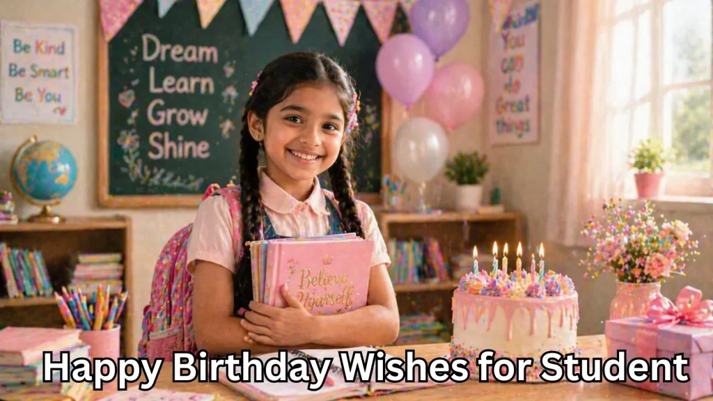 Schoolgirl smiling with cake and happy birthday wishes for student text