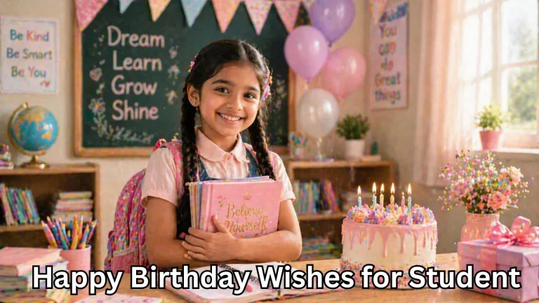 Schoolgirl smiling with cake and happy birthday wishes for student text