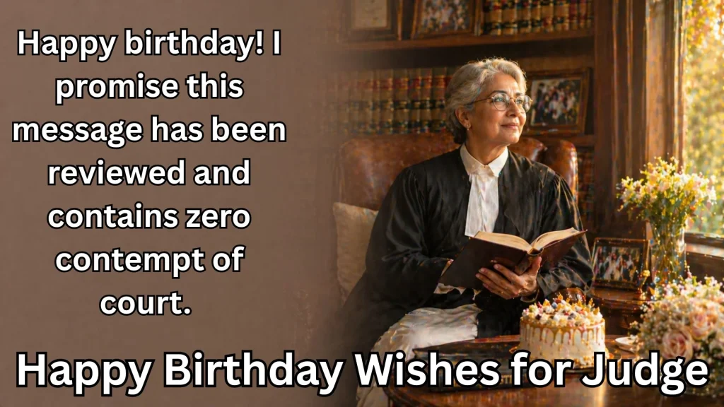 Senior judge reading book beside birthday cake and flowers