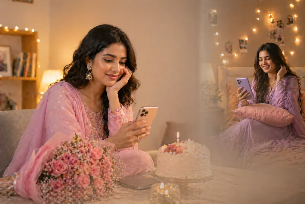 Sister-in-law celebrating birthday alone with cake and phone