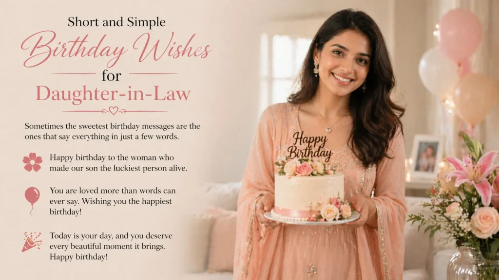 Smiling daughter-in-law holding birthday cake with balloons