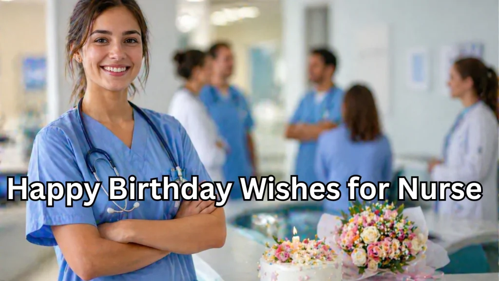 Smiling nurse with cake and flowers in hospital