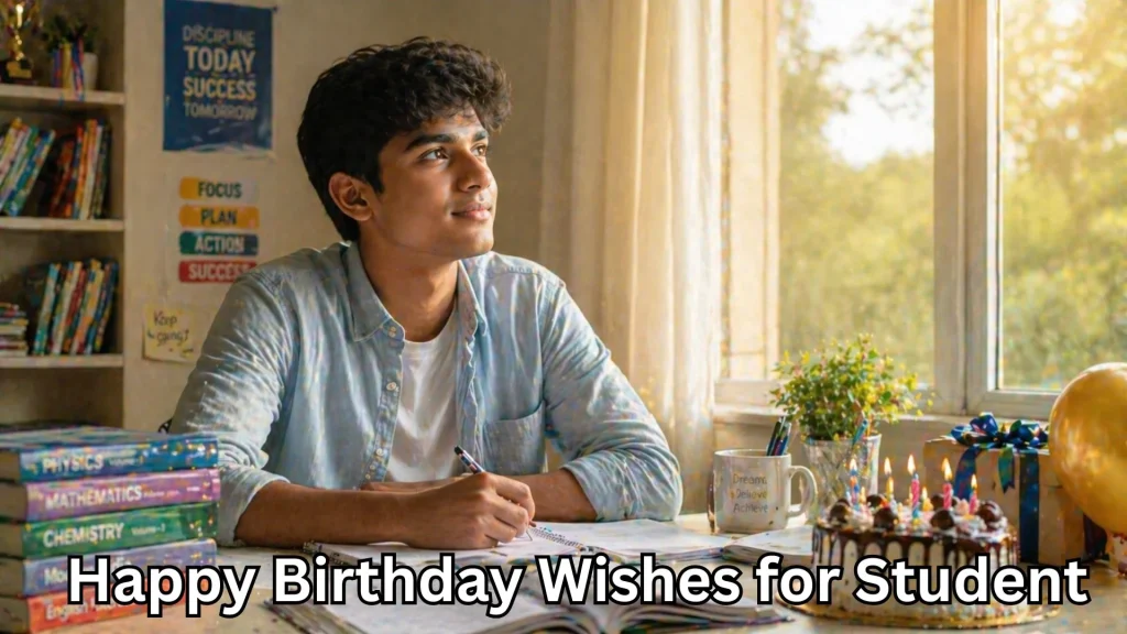 Student studying by window and happy birthday wishes for student text