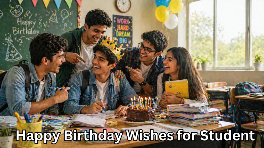 Students celebrating birthday in classroom with cake and friends