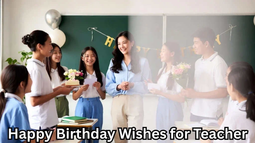 Students celebrating teacher birthday in classroom