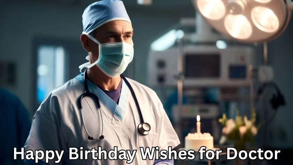 Surgeon in mask with cake, birthday wishes for doctor