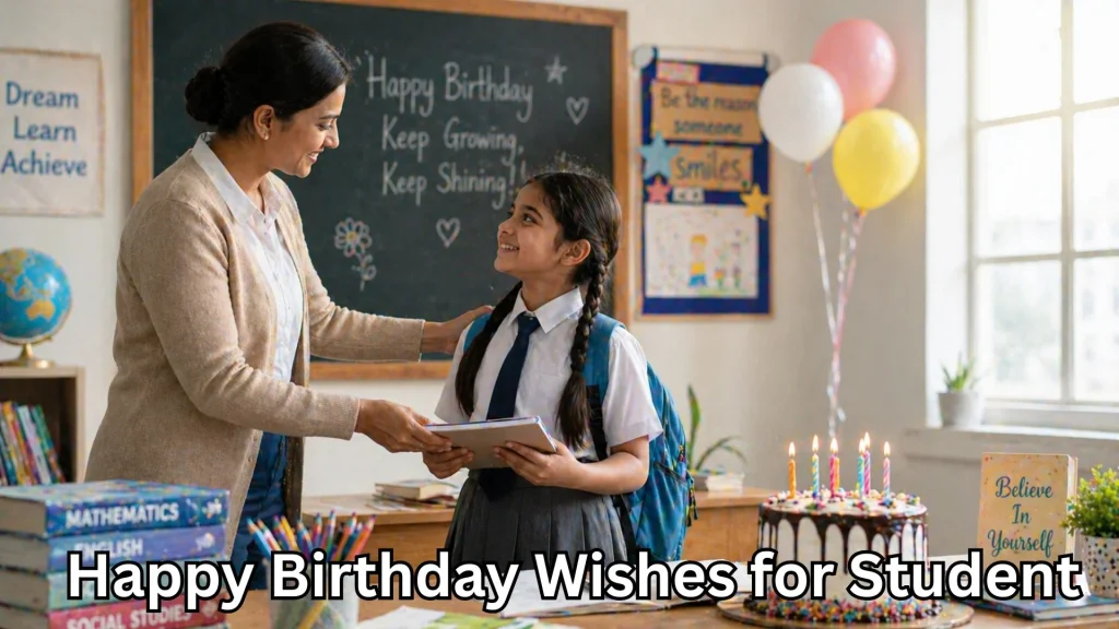 Teacher gifting student on birthday in decorated classroom