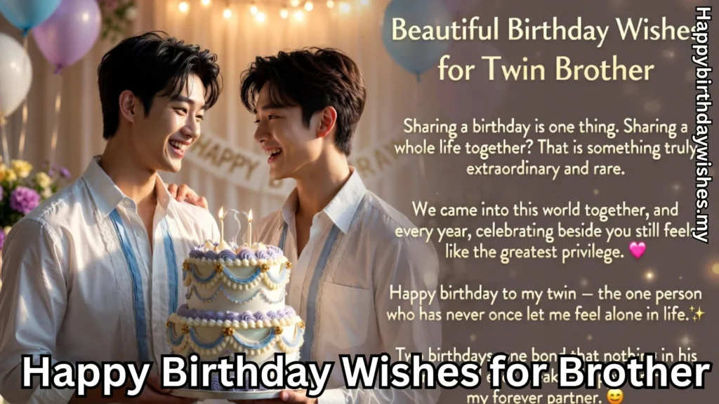 Twin brothers celebrating birthday and happy birthday wishes for brother text overlay
