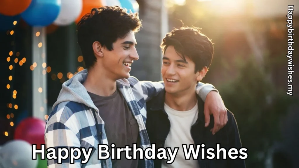 Two boys smiling together at birthday and happy birthday wishes text overlay