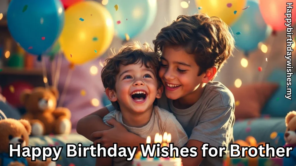 Two brothers hugging at birthday with cake and balloons