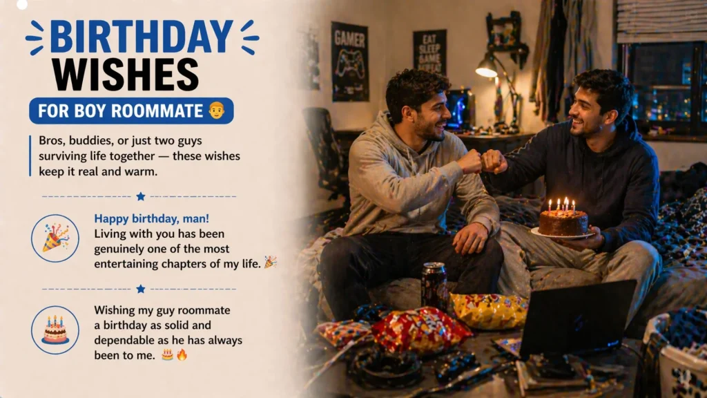 Two male roommates celebrating birthday with cake and fun