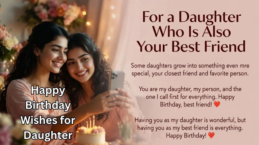 Two women taking selfie with happy birthday wishes for daughter text