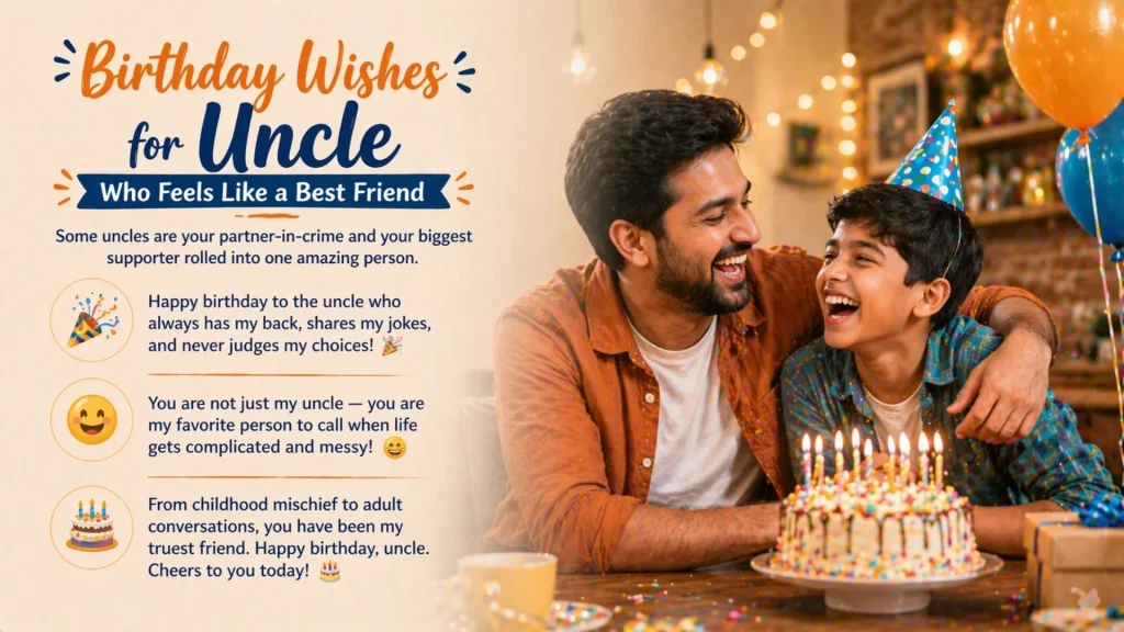 Uncle and nephew laughing at birthday party with cake