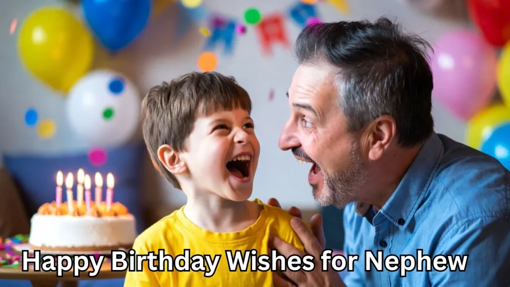 Uncle and nephew laughing with happy birthday wishes for nephew text