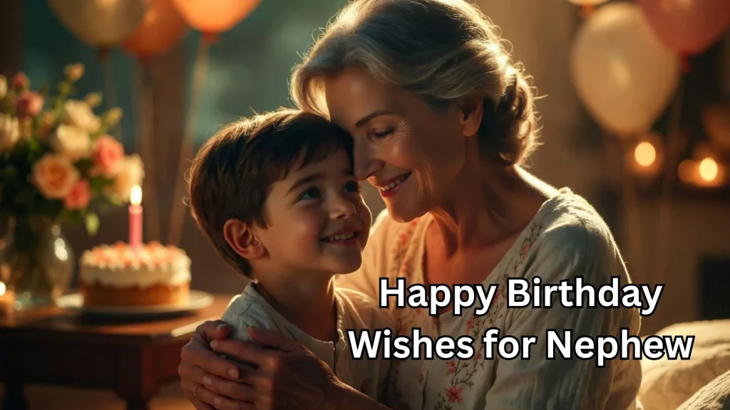Woman hugging boy near cake, birthday wishes for nephew