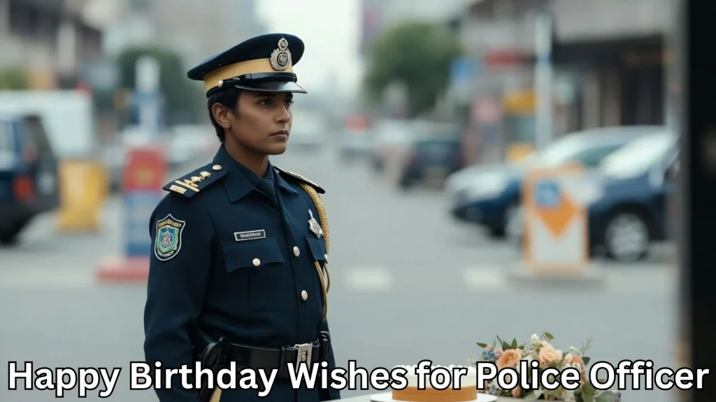 Woman police officer with cake, happy birthday wishes for police officer text